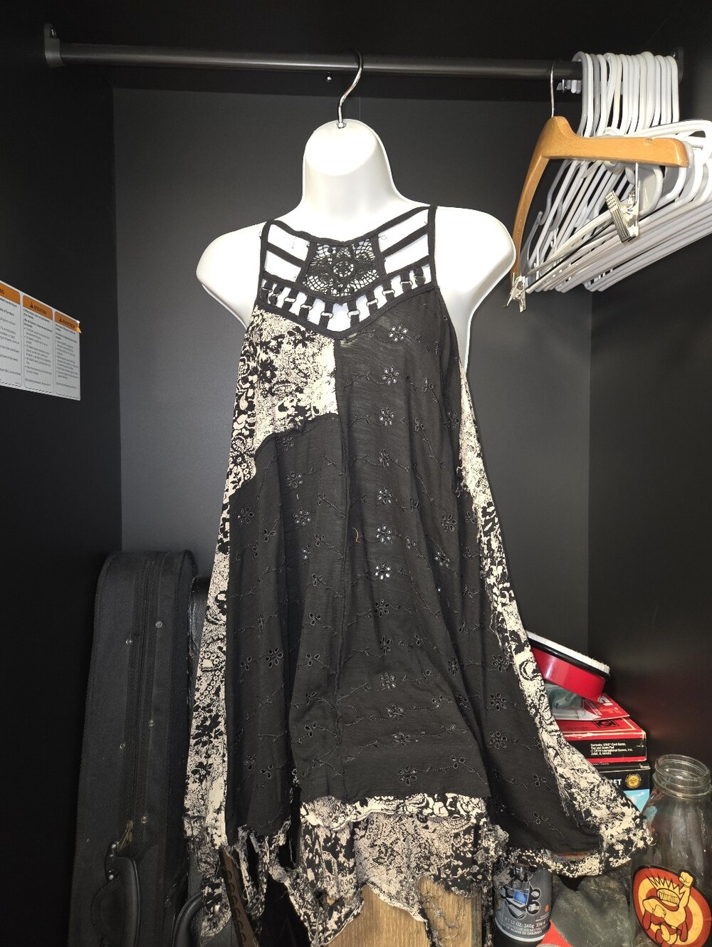 ANGL Boho Paisley & Eyelet Crochet Strap Handkerchief Hem Mini Dress S